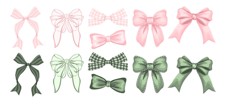 light Pink and sage Green Bow Vector Set. Soft Pastel Ribbon Clipart Collection