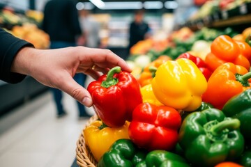 Hand reaches for vibrant bell peppers in a market. Assortment includes red, yellow, and orange peppers, highlighting a variety of healthy choices.