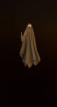 Ethereal Ghost Figure With Candle in Dark Surroundings