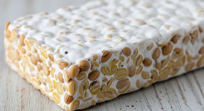A fresh block of raw organic tempeh from fermented soybeans.