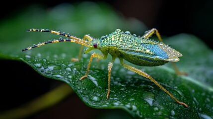 Red insect beetle closeup on a green leaf in summer nature wildlife garden macro