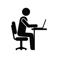 Simple black silhouette of a person sitting at a desk using a laptop computer, isolated on white background.
