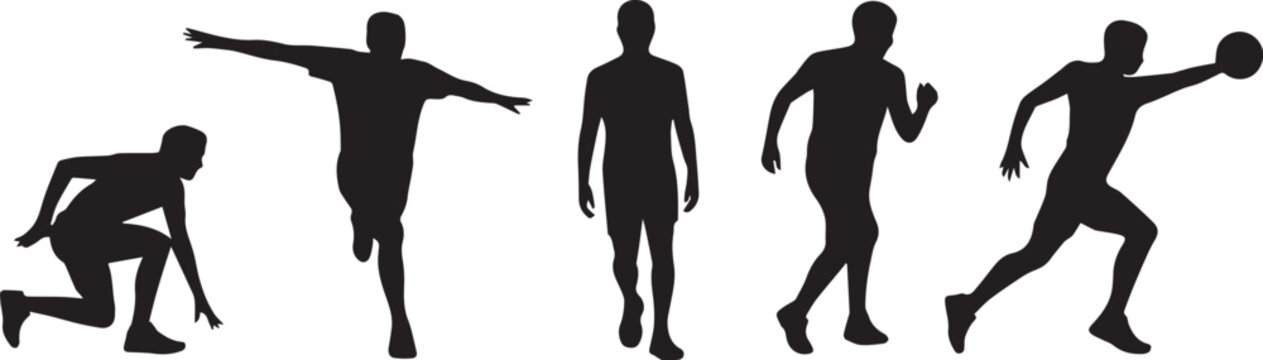athlete action silhouettes set depicting running jump and throw poses