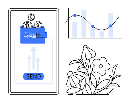 Wallet on screen sending currency, data chart with nodes and lines, blooming flowers. Ideal for fintech, analytics, nature, growth, finance mobile apps lightweight visuals. Simple flat metaphor