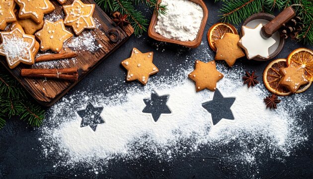 Festive homemade star shaped Christmas cookies with cinnamon and oranges.