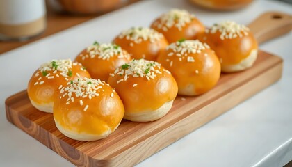 Baked Cheese Buns Wooden Board Freshly Baked Buns