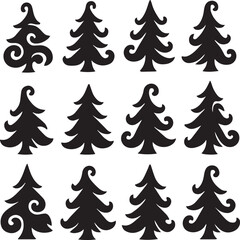 Fantasy swirl-tip Christmas tree silhouettes with dramatic curved artistic shapes
