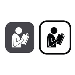 Icon representing a person reading a book, isolated on white. two versions: white icon on dark gray square and black icon in white square.