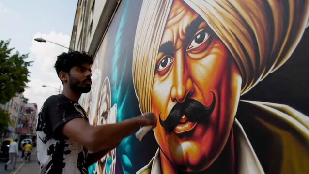 Artist painting mural of Bhagat Singh on wall, street art realism

