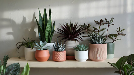 Fototapeta premium Collection of various potted houseplants on a shelf with natural light