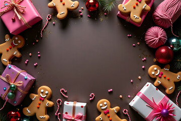 Festive christmas frame with gingerbread cookies and gifts on dark background