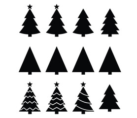 Obraz premium Flat vector illustration, black Christmas tree icons set, festive holiday silhouettes, seasonal decoration elements, isolated on white background