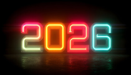Futuristic glowing neon 2026 text with vibrant colors and radiating light rays. generative AI - AI generated
