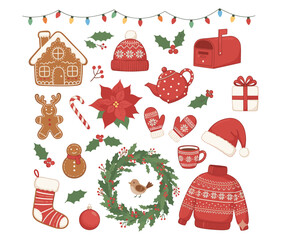 Flat vector illustration, Christmas festive elements set, holiday decorations, winter symbols, cozy seasonal icons, isolated on white background