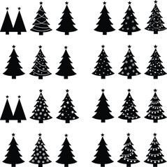 Flat vector illustration, Christmas tree icons set, festive holiday decorations, seasonal symbols, black line style, isolated on white background