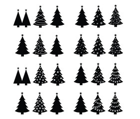 Obraz premium Flat vector illustration, Christmas tree icons set, festive holiday decorations, seasonal symbols, black line style, isolated on white background