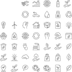 Flat vector illustration, eco-friendly icons set, sustainability symbols, green energy elements, environmental protection graphics, isolated on white background
