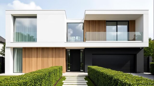 Modern twostory residential house facade featuring white stucco, natural wood cladding, large windows, and a black garage door