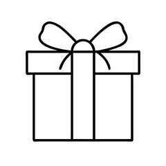 Illustration of a simple gift box with a ribbon on top in black outline on a white background