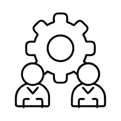 Two people with a gear above them showing collaboration and teamwork in a simple line drawing style