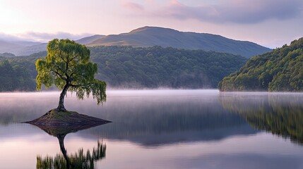 A solitary tree stands on a small island in a calm lake, reflecting in the water with mountains and mist in the background, captured at sunrise.