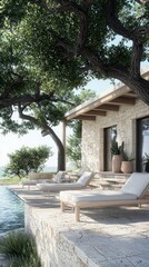Exterior view of a luxury villa with lounge chairs by a pool, surrounded by trees, on a sunny day. The scene evokes relaxation and tranquility.