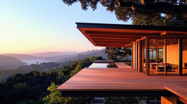 A modern house with a wooden deck and large windows overlooks a scenic landscape at sunset. The warm light creates a relaxing atmosphere. - Powered by Adobe