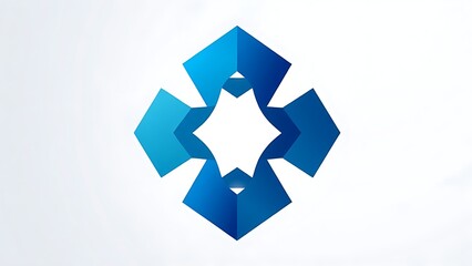 An abstract teamwork concept with interlocking geometric shapes in blue and gold, set against a clean gradient background.