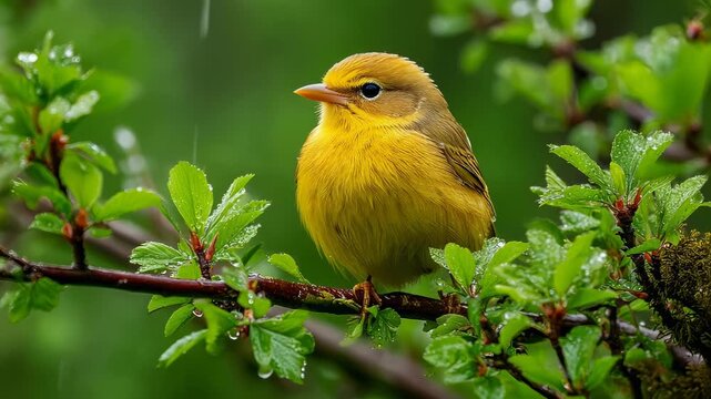 Vibrant yellow bird perched on a branch surrounded by fresh green leaves in the rain