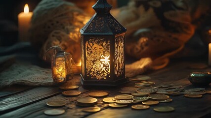 Ornate Black Lantern Illuminating Gold Coins On Rustic Wooden Table With Soft Candlelight Glow - Powered by Adobe