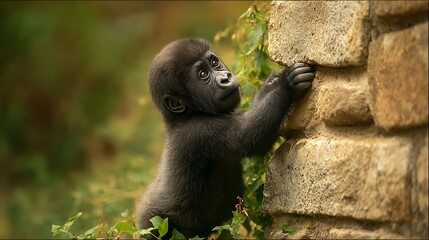 A powerful portrait of a thinking lowland gorilla, a black western primate and endangered mammal of the Congo wild nature