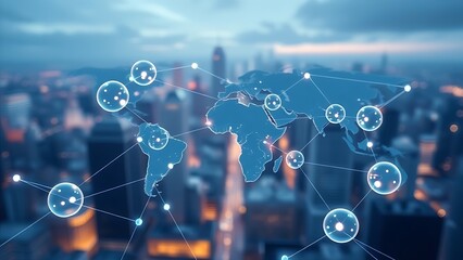 Floating translucent spheres connected by glowing lines, symbolizing global business networks.