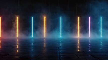 Abstract image of colorful neon light columns in a foggy, dark environment. The lights are reflected on a wet floor, creating a dramatic atmosphere.