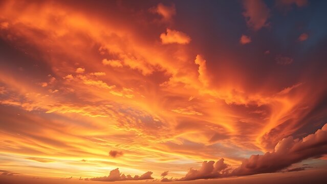 Dramatic sunrise and sunset sky with vibrant clouds, showcasing warm and cool color contrasts in a panoramic view.