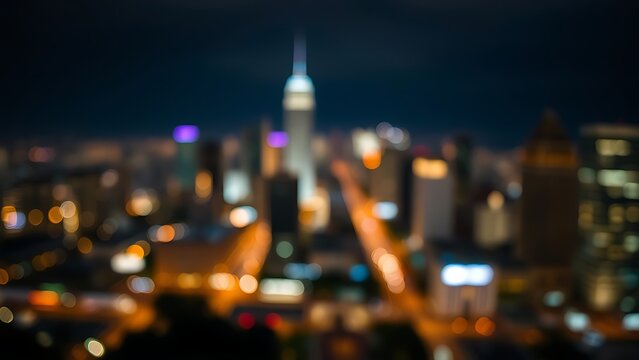 A blurred night cityscape with blue and gold lights, evoking urban energy and vibrancy.