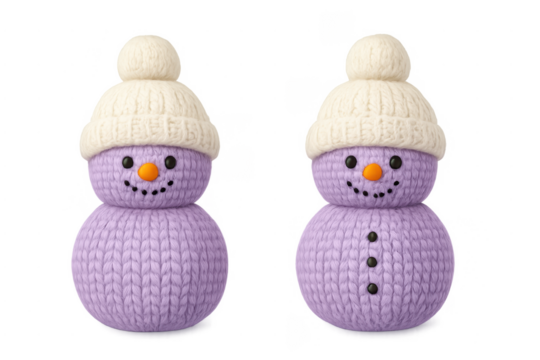Purple knitted snowman toy wearing white bobble hat