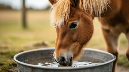 A pony drinking water from a metal bowl outdoors in a natural setting
