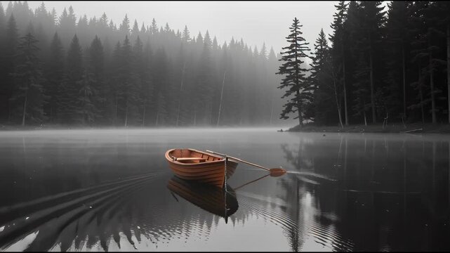 Calm Wooden Rowboat Floating on Serene Misty Lake Surrounded by Dense Forest in Early Morning