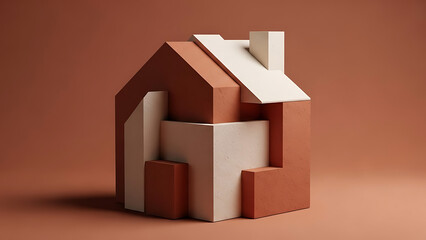 Obraz premium Abstract Geometric Interlocking Volumes in Matte Terra Cotta Forming a House on a Solid Color Background