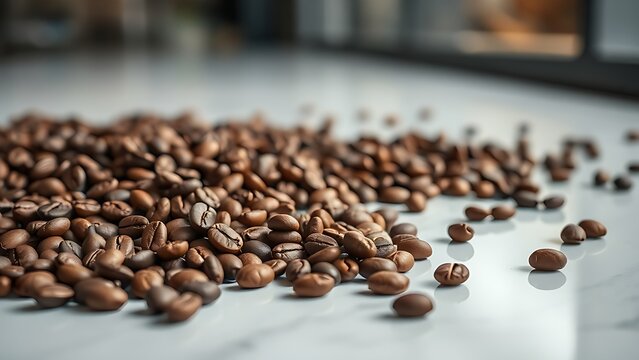 Freshly roasted aromatic coffee beans scattered on a modern surface in a warm, close-up view.