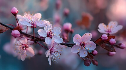 Pink cherry blossoms blooming on a branch in the spring garden