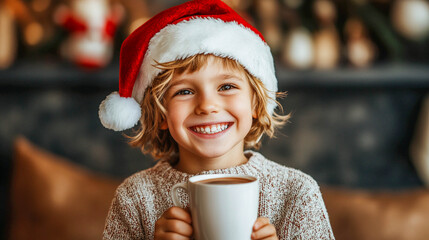 A boy wearing a red New Year's hat holding a mug of hot chocolate. New Year, Christmas, childhood, happiness, and winter holidays.