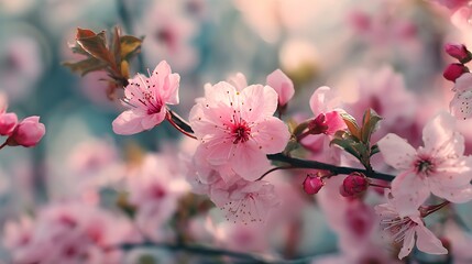 Pink cherry blossoms blooming on a branch in the spring garden