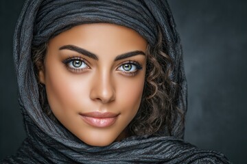 A woman with long dark hair and blue eyes is wearing a scarf