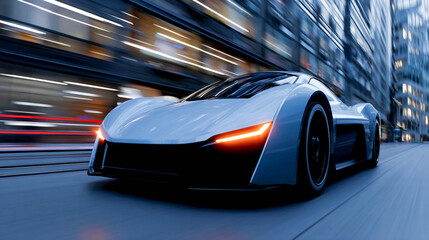 Obraz premium A sports car speeding through the night city.