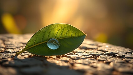 Single tea leaf with dewdrops, morning sunlight highlighting veined texture.