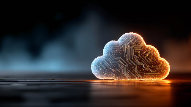 A cloud in the form of a digital diagram with a backlight on a dark background. The glowing lines and dots emphasize the theme of technology, data storage, and cloud services.