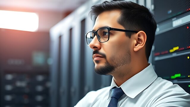 An IT technician in a data center, working among server racks.