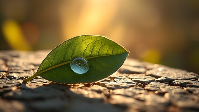 Single tea leaf with dewdrops, morning sunlight highlighting veined texture.