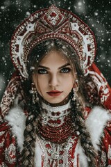 A woman wearing a red and white outfit with a crown on her head
